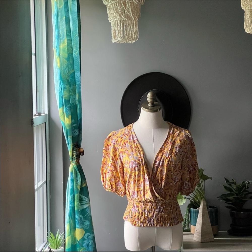 Cupcakes and Cashmere Smocked Floral Blouson Top Balloon Sleeve Yellow Blouse